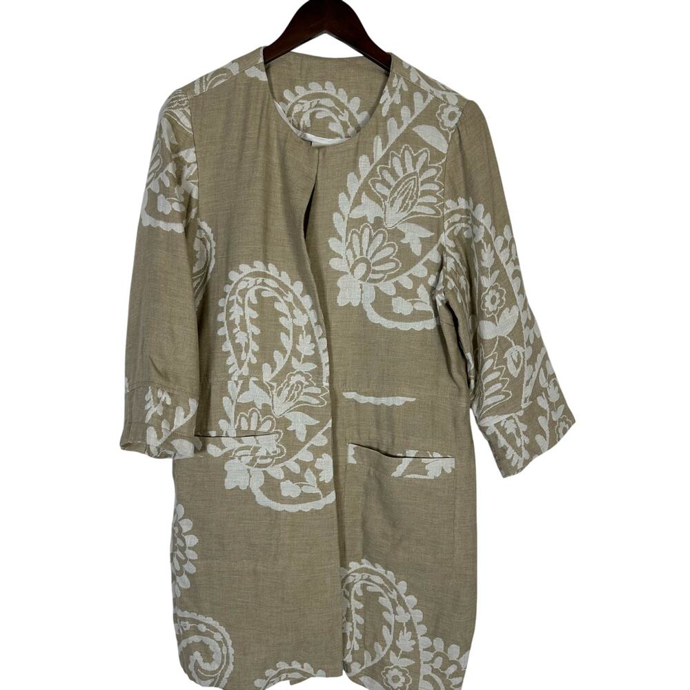 Chico's Oatmeal Cream Jacquard‎ 3/4 Sleeve Jacket Sz 2 (L) Neutral Office Church